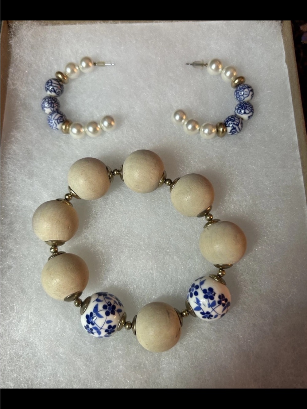 Blue & Cream Beaded Bracelet and Hoop Earrings Set